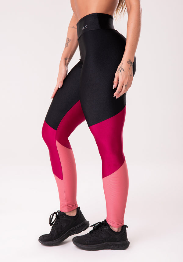 Calça Legging Happiness Com Recortes Preto Cereja E Rosé Dlk