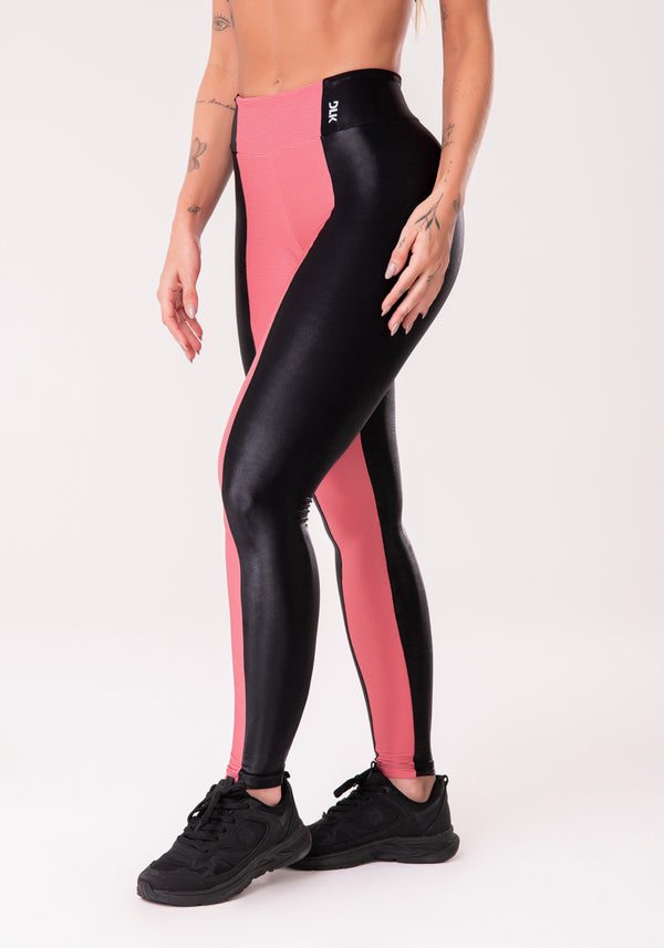 Calça Legging Happiness Texturizada Com Cirrê Preta E Rosé Dlk