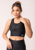 Top Com Bojo Shine Preto Texturizado Ondas Cruzado Costas Dlk