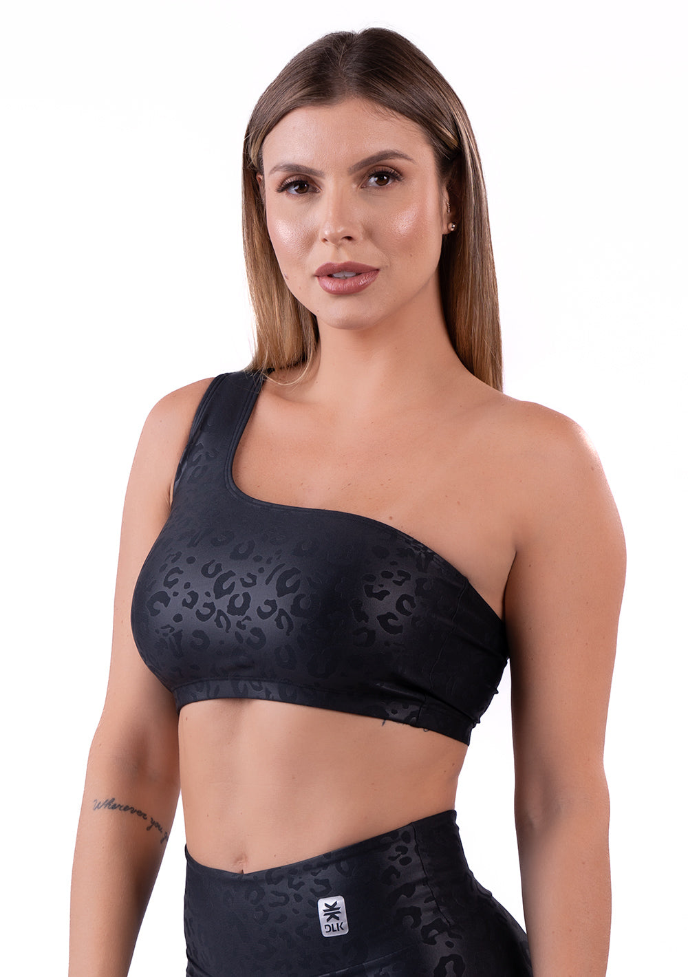 Top Um Ombro Shine Preto Texturizado Onça Dlk
