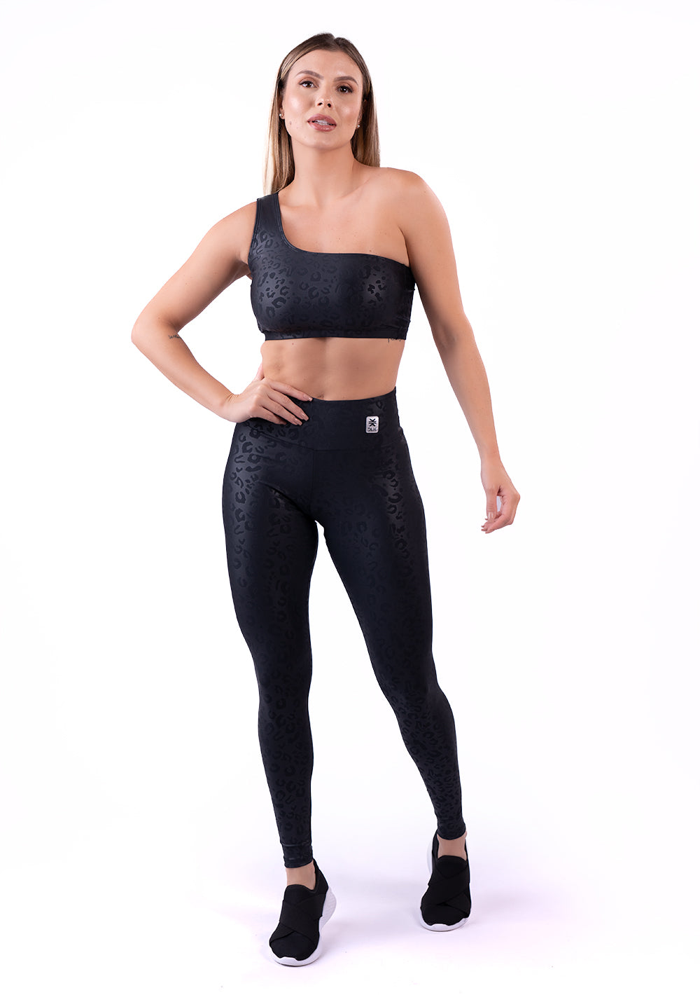 Top Um Ombro Shine Preto Texturizado Onça Dlk