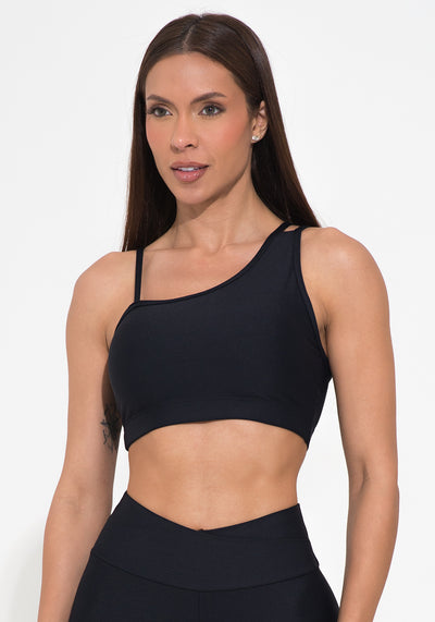 Top Fitness Feminino Assimétrico Preto Action Dlk