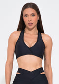 Top Fitness Feminino Preto Decote Transpassado Action Dlk