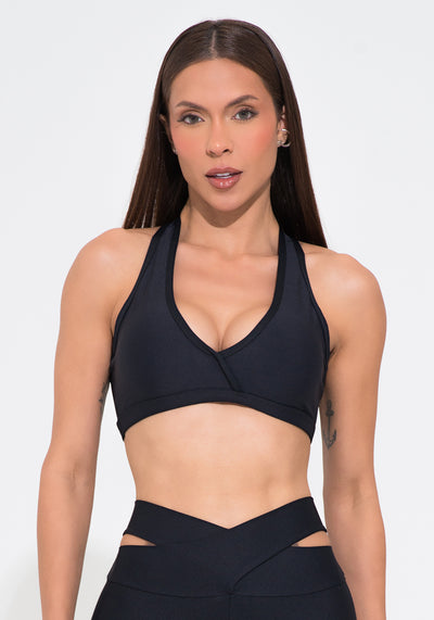 Top Fitness Feminino Preto Decote Transpassado Action Dlk