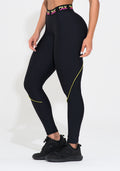 Legging Fitness Feminina Preta Elástico Colorido Na Cintura Action Dlk