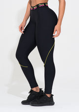 Legging Fitness Feminina Preta Elástico Colorido Na Cintura Action Dlk