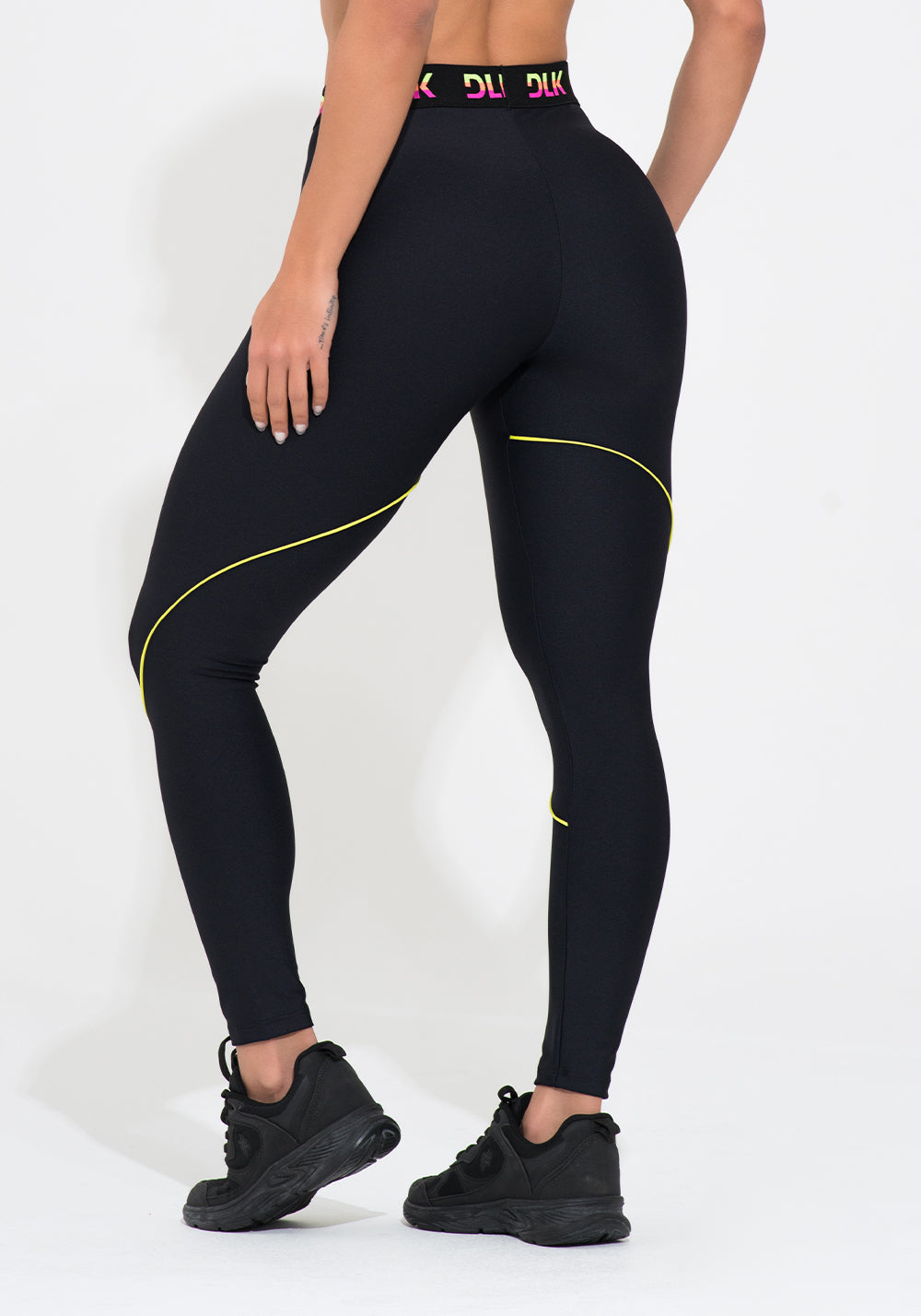 Legging Fitness Feminina Preta Elástico Colorido Na Cintura Action Dlk