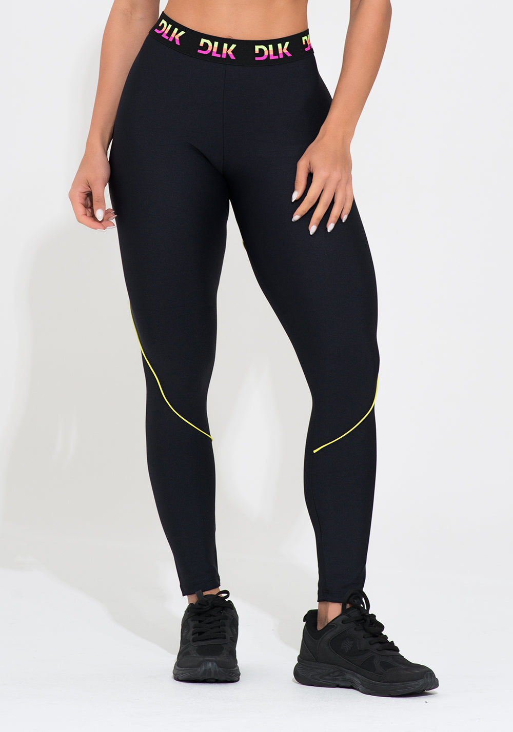 Legging Fitness Feminina Preta Elástico Colorido Na Cintura Action Dlk