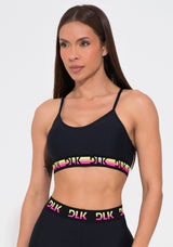 Top Fitness Feminino Preto Com Bojo E Elástico Colorido Action Dlk