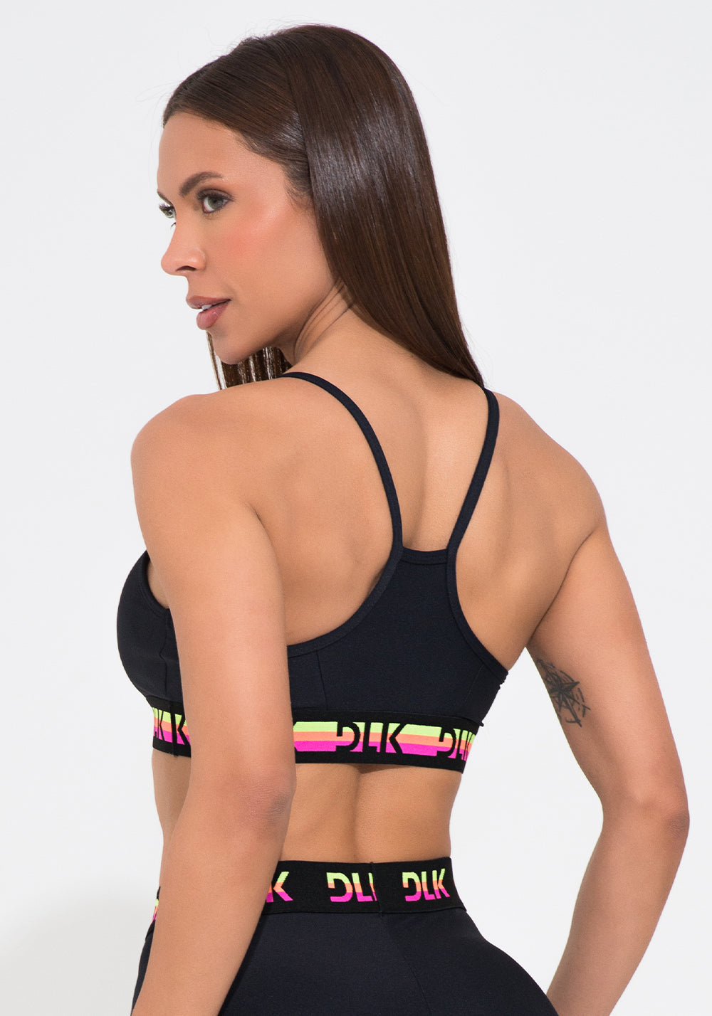 Top Fitness Feminino Preto Com Bojo E Elástico Colorido Action Dlk