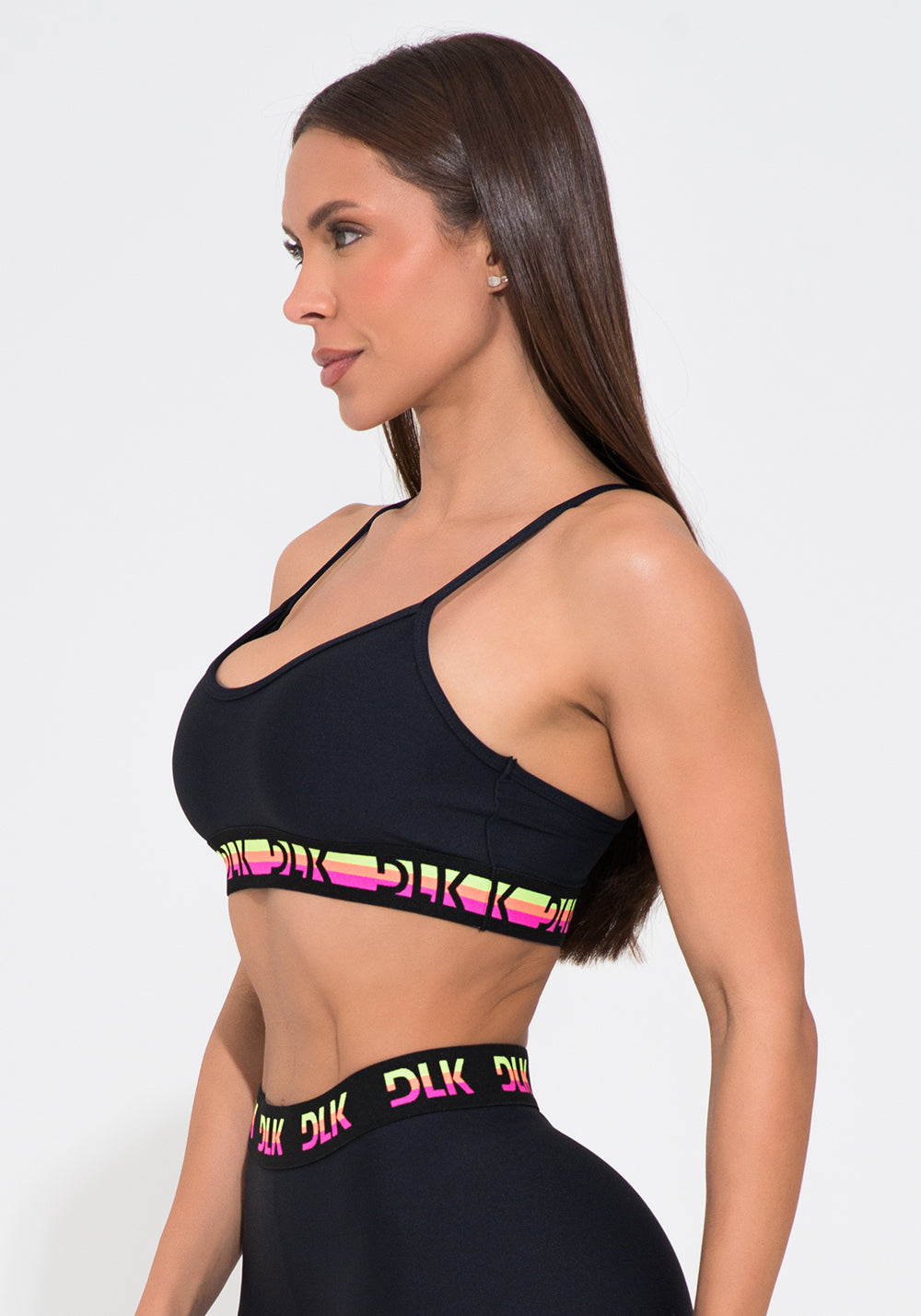 Top Fitness Feminino Preto Com Bojo E Elástico Colorido Action Dlk