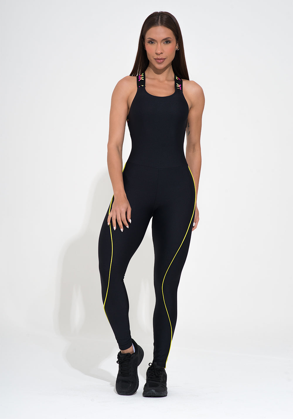 Macacão Fitness Feminino Preto Elástico Colorido Action Dlk