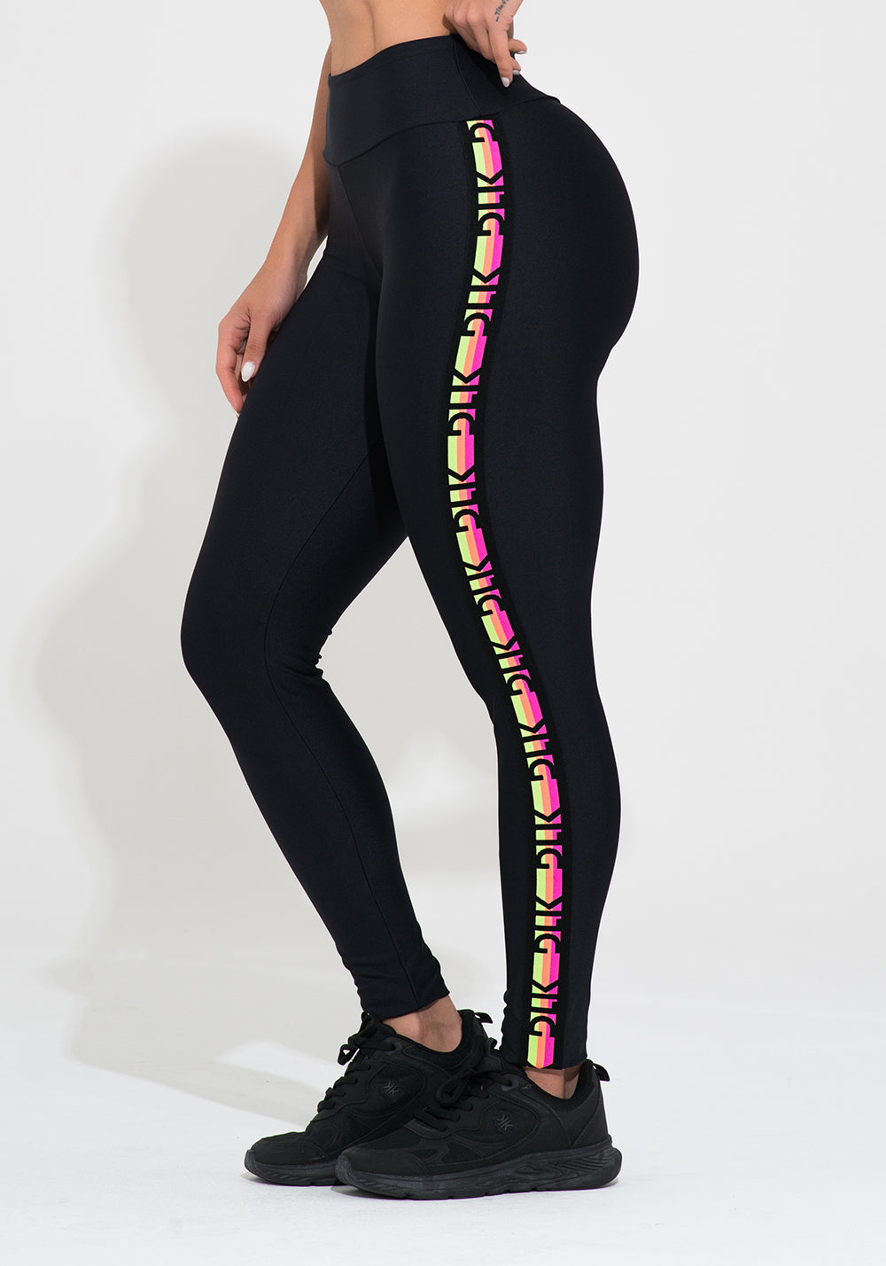 Legging Fitness Feminina Preta Elástico Lateral Colorido Action Dlk