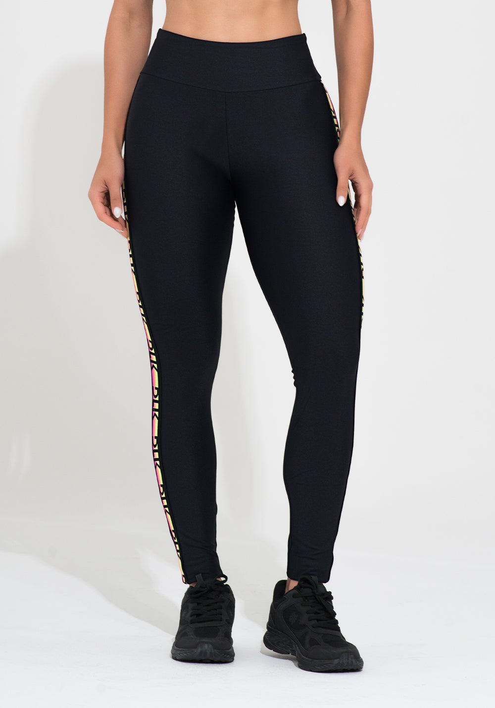 Legging Fitness Feminina Preta Elástico Lateral Colorido Action Dlk