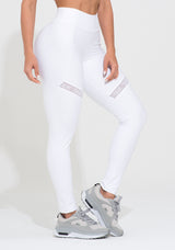Legging Fitness Feminina Branca Com Recorte E Elástico Vazado Action Dlk