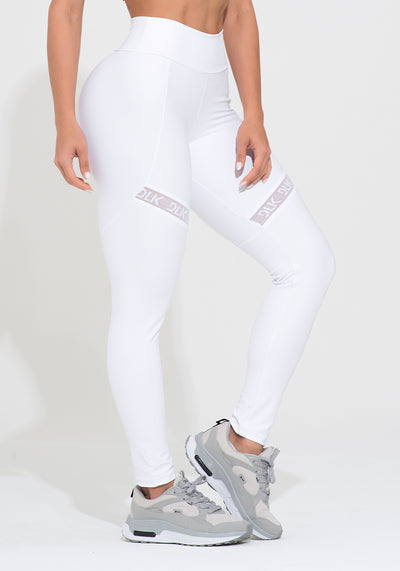 Legging Fitness Feminina Branca Com Recorte E Elástico Vazado Action Dlk