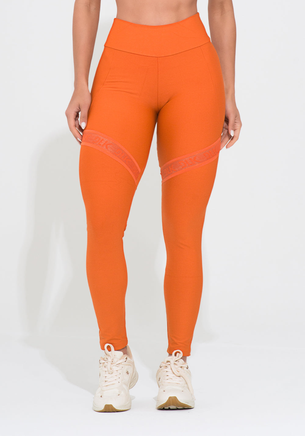 Legging Fitness Feminina Laranja Com Recorte E Elástico Vazado Action Dlk