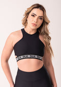 Top Fitness Feminino Cut Out Preto Com Elástico Canelado Intense Dlk