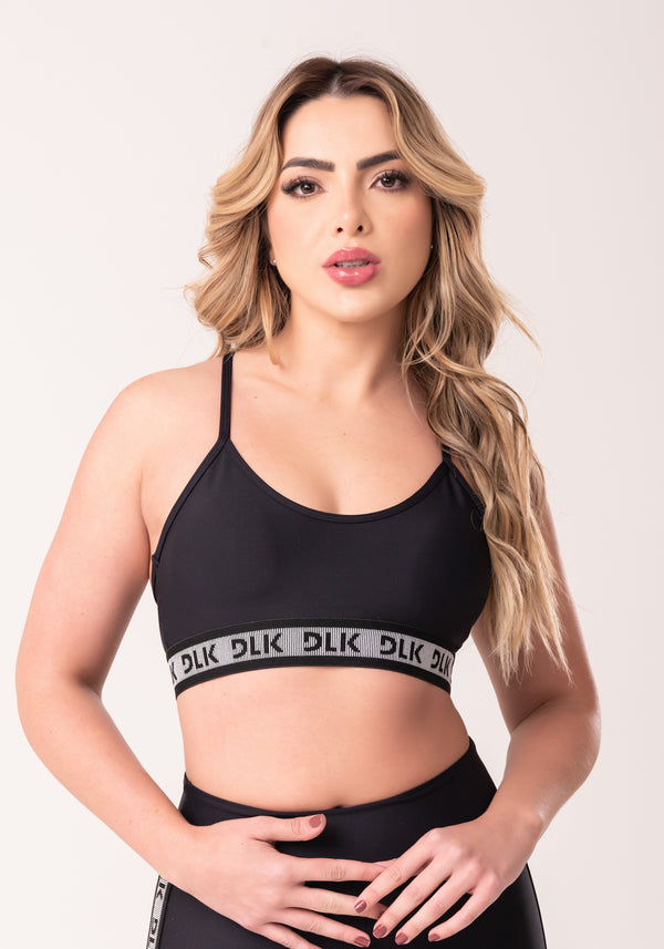 Top Fitness Feminino Preto Com Bojo E Elástico Canelado Intense Dlk