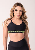 Top Fitness Feminino Preto Com Bojo E Elástico Canelado Neon Intense Dlk