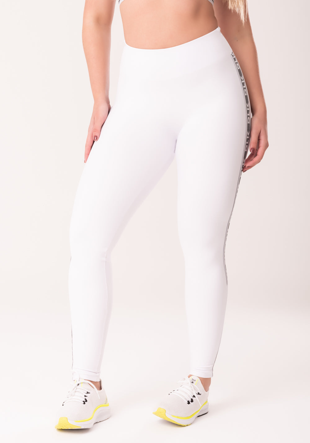 Legging Fitness Feminina Branco Com Elástico Lateral Canelado Intense Dlk