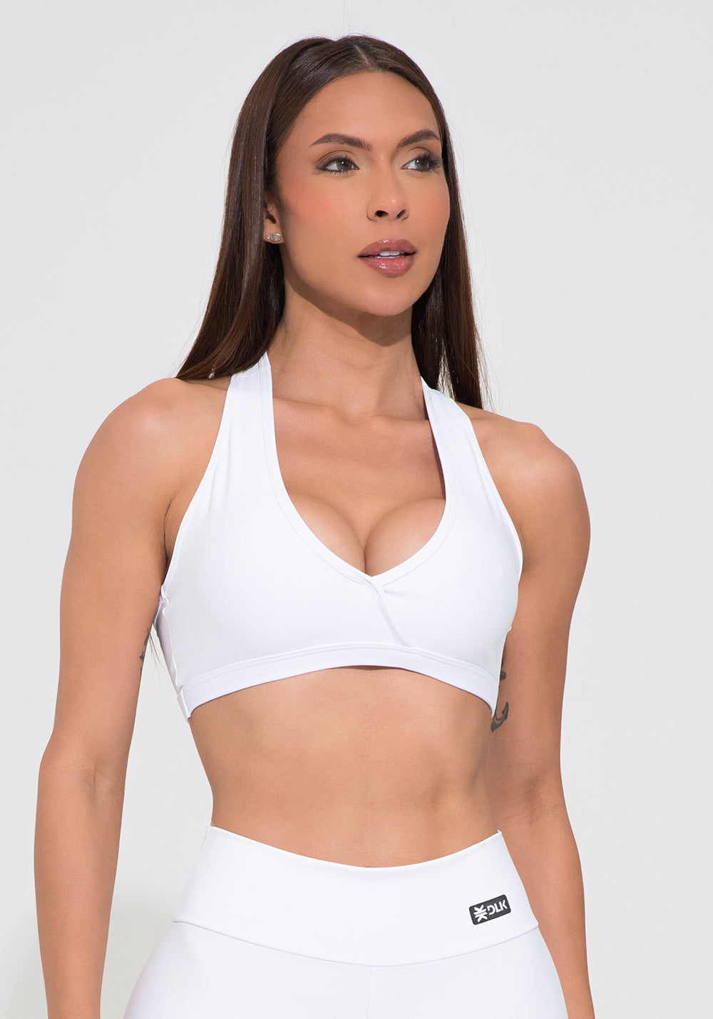 Top Fitness Feminino Branco Decote Transpassado Action Dlk