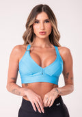 Top Com Bojo Shine Azul Texturizado Ondas Com Alças Cruzadas Costas Dlk