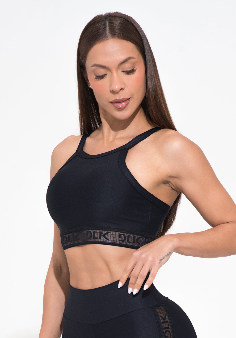 Top Fitness Feminino Preto Elástico Vazado Action Dlk