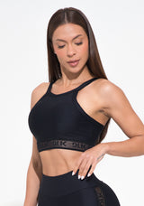 Top Fitness Feminino Preto Elástico Vazado Action Dlk