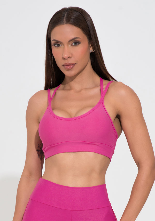 Top Fitness Feminino Com Bojo Pink Alça Dupla E Elástico Action Dlk
