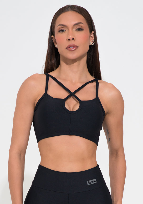 Top Fitness Feminino Preto Decote Gota Com Alça Dupla Action Dlk