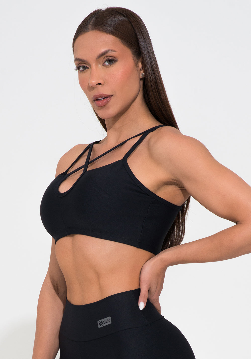 Top Fitness Feminino Preto Decote Gota Com Alça Dupla Action Dlk