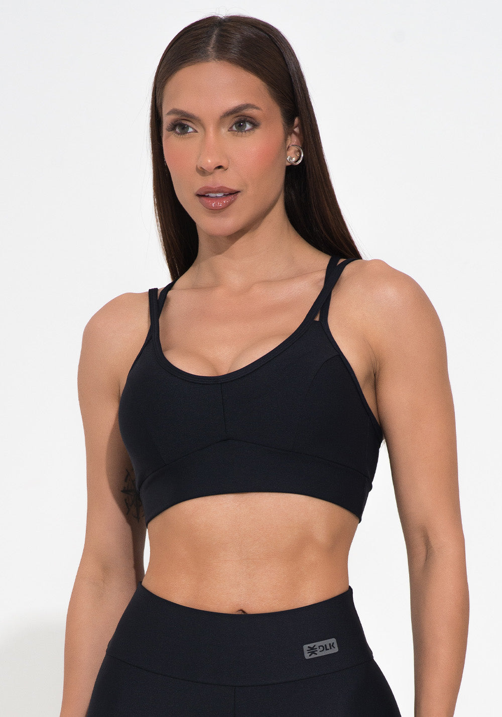 Top Fitness Feminino Preto Com Recorte E Alça Dupla Action Dlk