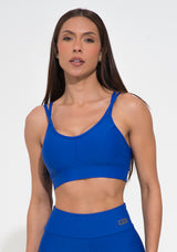 Top Fitness Feminino Azul Com Recorte E Alça Dupla Action Dlk