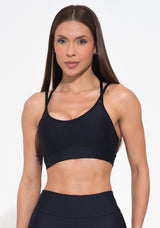 Top Fitness Feminino Com Bojo Preto Alça Dupla E Elástico Vazado Action Dlk