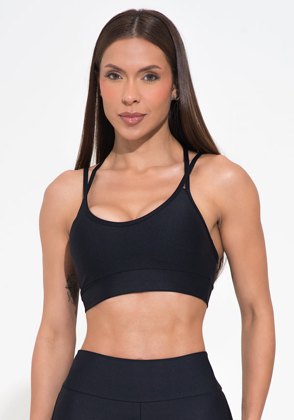 Top Fitness Feminino Com Bojo Preto Alça Dupla E Elástico Vazado Action Dlk