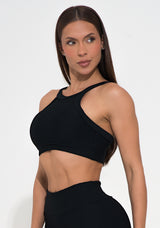 Top Fitness Feminino Preto Canelado Decote Alto Action Dlk