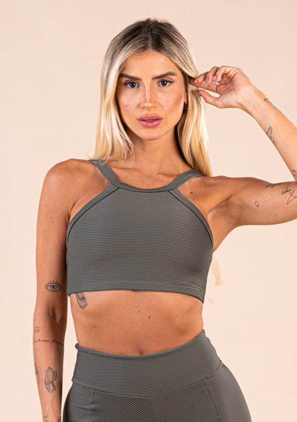 Top Fitness Feminino Chumbo Canelado Decote Alto Action Dlk