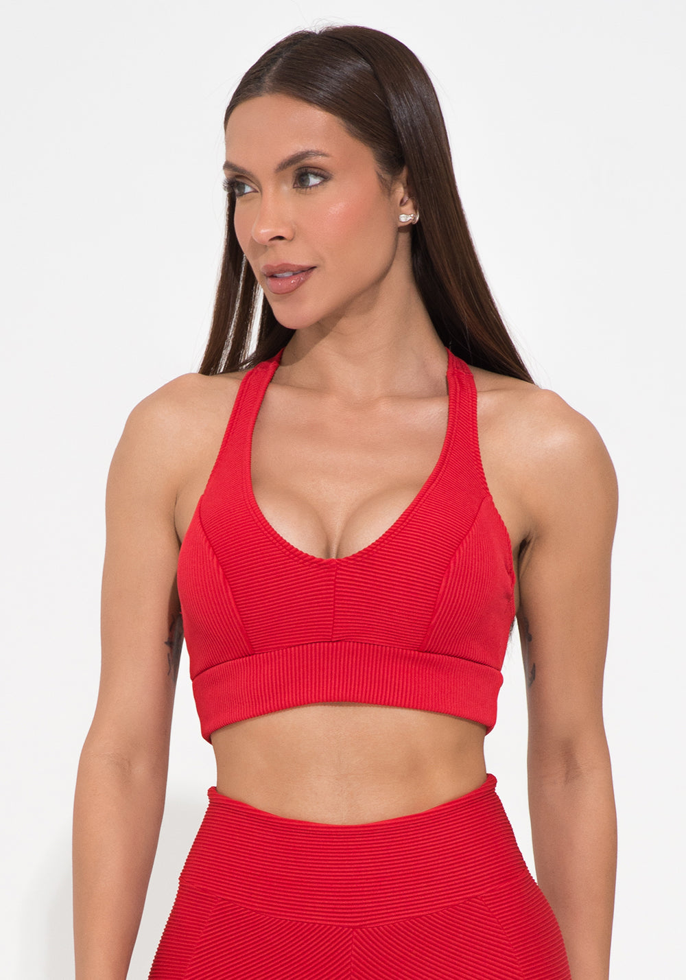 Top Fitness Feminino Vermelho Canelado Modelo Nadador Action Dlk