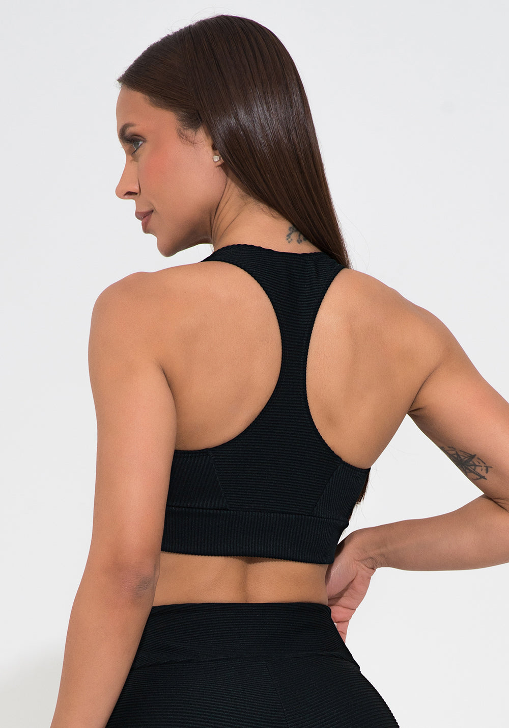 Top Fitness Feminino Preto Canelado Modelo Nadador Action Dlk