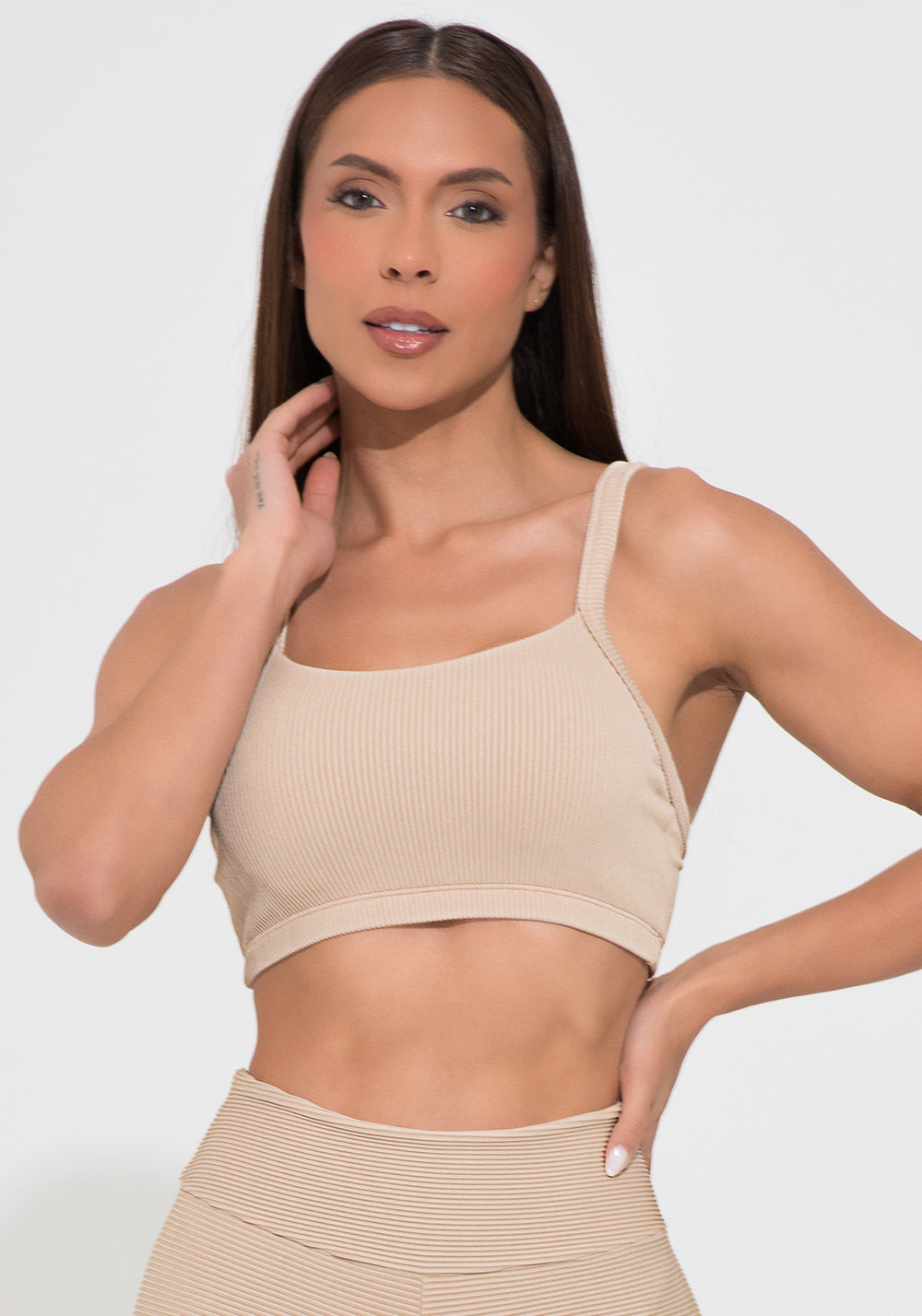 Top Fitness Feminino com Bojo Nude Canelado Action Dlk