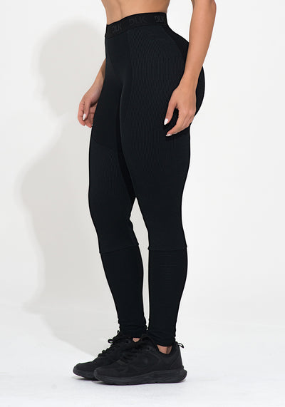 Legging Fitness Feminina Preta Canelada Com Recorte E Elástico Action Dlk