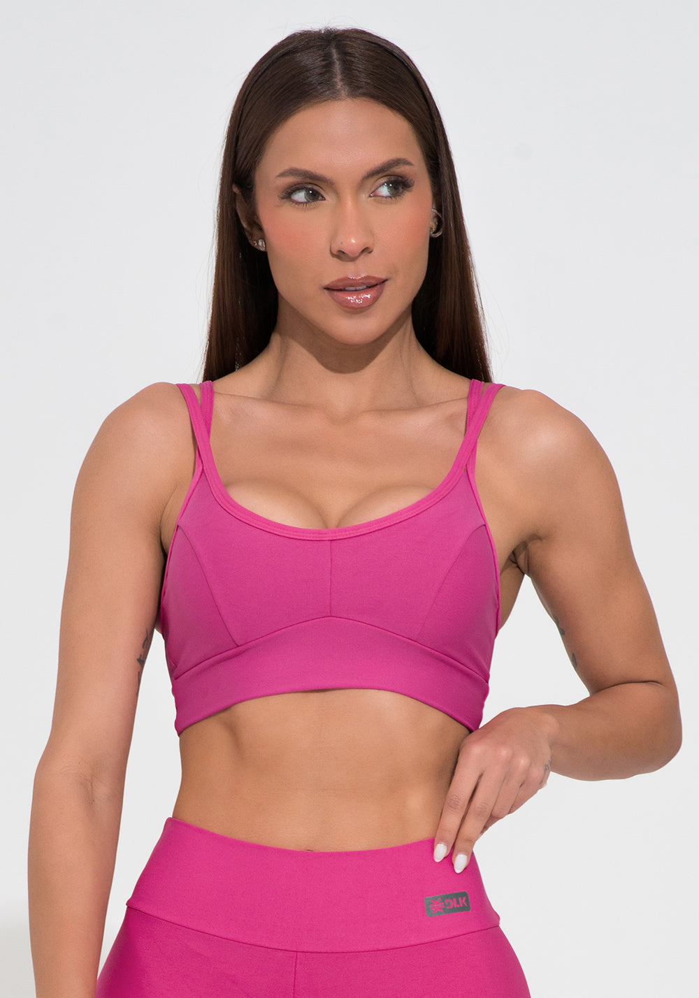 Top Fitness Feminino Pink Com Recorte E Alça Dupla Action Dlk