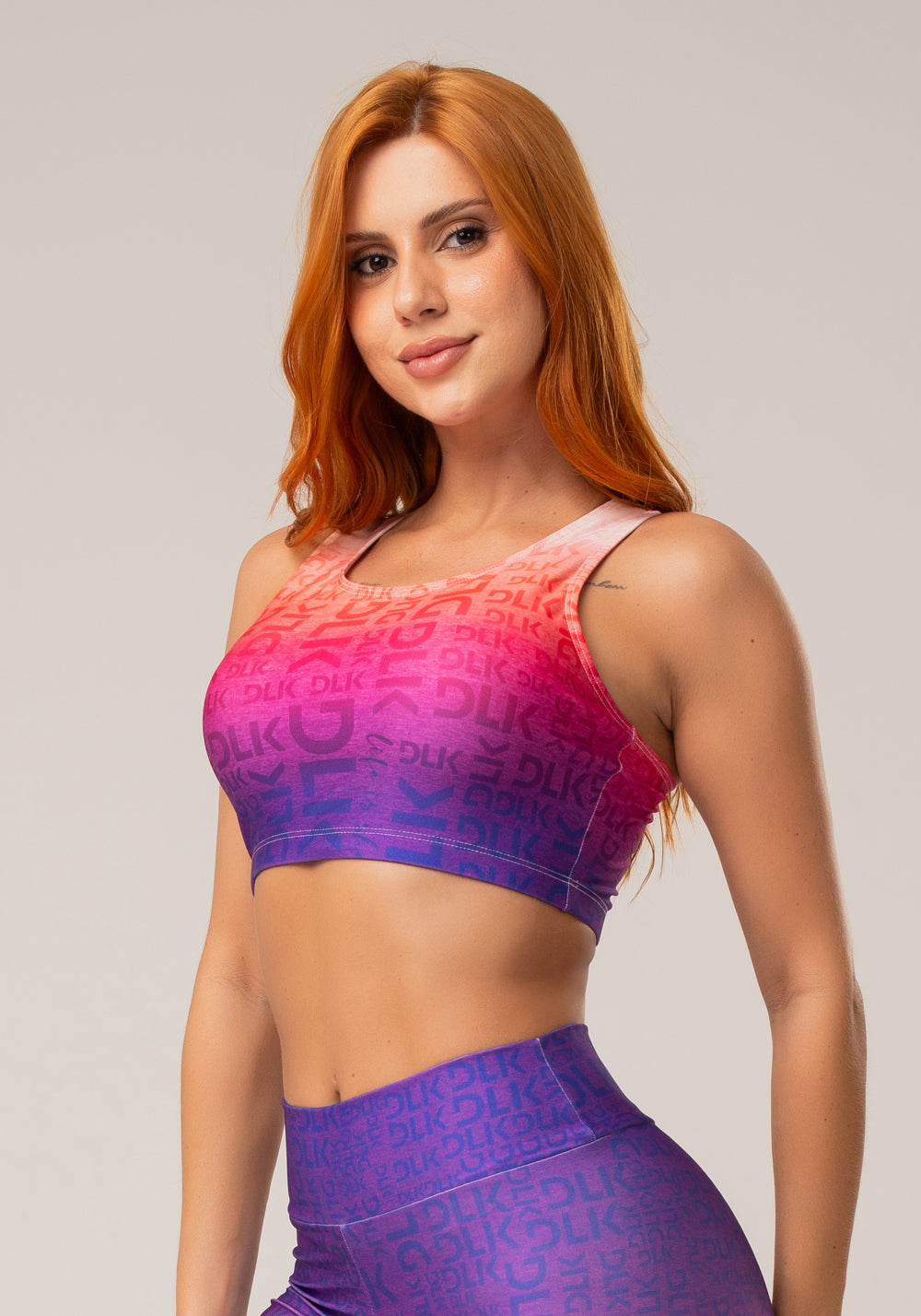 Top Fitness Feminino Nadador New Printed Estampado Degradê Frases Roxo Dlk