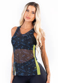 Camiseta Feminina Em Tule New Printed Estampada Com Abertura Lateral Abstrato Azul Dlk