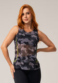 Camiseta Feminina Em Tule New Printed Estampada Com Abertura Lateral Camuflado Cinza Dlk