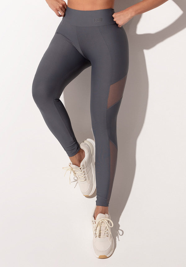 Legging Fitness Feminina Grafite Com Recortes Em Tule Intense Dlk