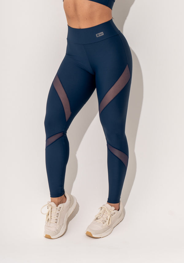 Legging Fitness Feminina Marinho Com Recortes Em Tule Intense Dlk