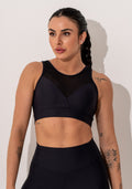 Top Fitness Feminino Preto Com Recortes Em Tela E Detalhe Vazado Intense Dlk