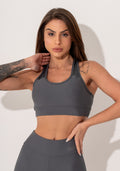 Top Fitness Feminino Nadador Grafite Com Recortes Em Tela Intense Dlk